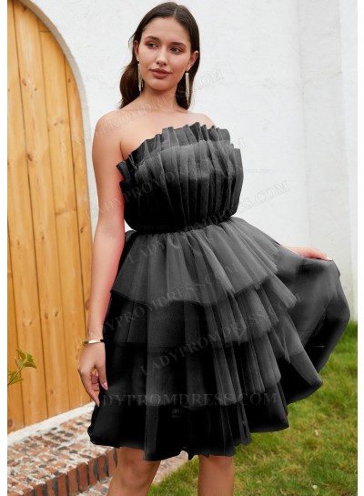 Black A-line Tulle Strapless Layers Sleeveless Short Mini Homecoming Dresses