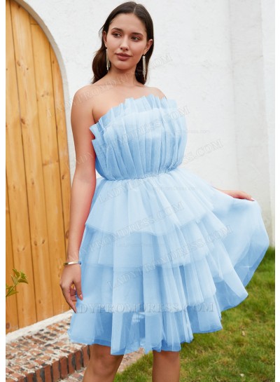 Blue A-line Tulle Strapless Layers Sleeveless Short Mini Sweet 16 Dress / Homecoming Dresses