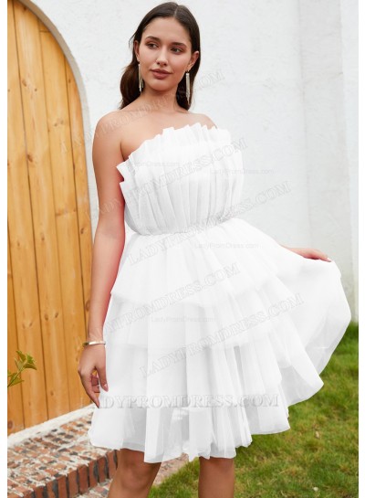 White A-line Tulle Strapless Layers Sleeveless Short Mini Classy Graduation Dresses