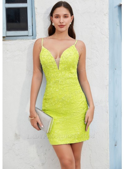 Daffodil Column Spaghetti Straps Blue Short Mini Cocktail Dress / Homecoming Dresses with Applique