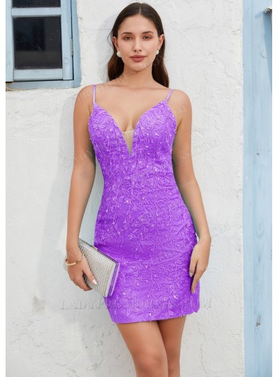 Lilac Column Spaghetti Straps Blue Short Mini Cocktail Dress / Homecoming Dresses with Applique