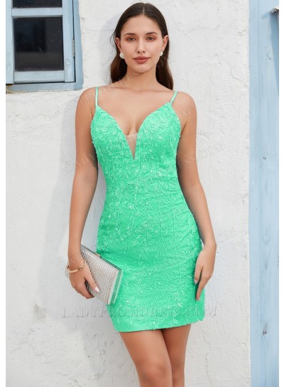 Mint Green Column Spaghetti Straps Blue Short Mini Cocktail Dress / Homecoming Dresses with Applique