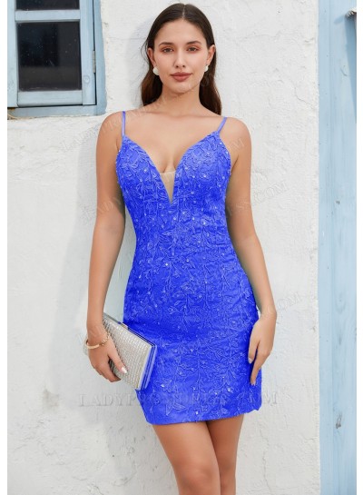 Royal Blue Column Spaghetti Straps Blue Short Mini Sweet 16 Dress / Homecoming Dresses with Applique