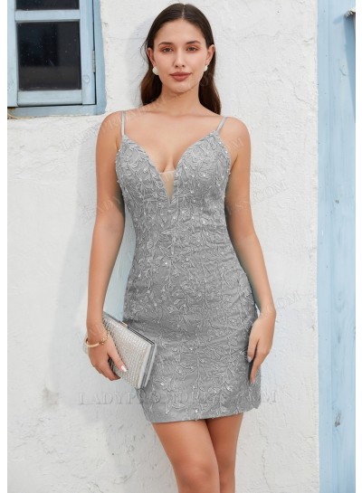 Silver Column Spaghetti Straps Blue Short Mini Homecoming Dresses with Applique