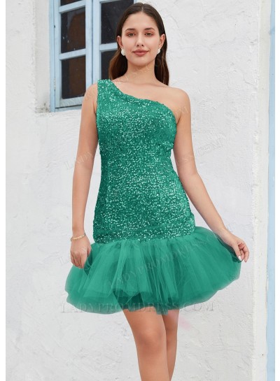 Emerald One Shoulder Sequin Sheath/Column Sleeveless Short/Mini Sweet 16 Gowns / Homecoming Dresses