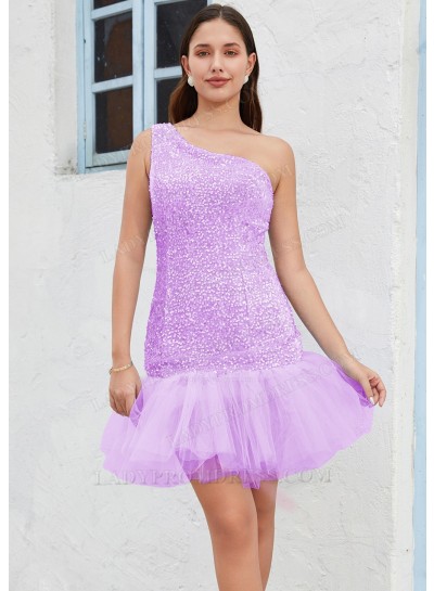 Lilac One Shoulder Sequin Sheath/Column Sleeveless Short/Mini Sweet 16 Gowns / Homecoming Dresses