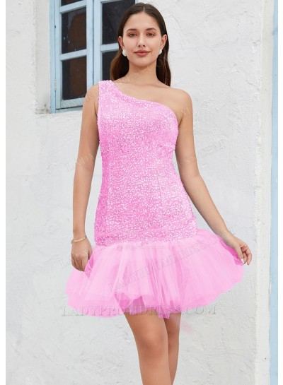 Pink One Shoulder Sequin Sheath/Column Sleeveless Short/Mini Sweet 16 Gowns / Homecoming Dresses