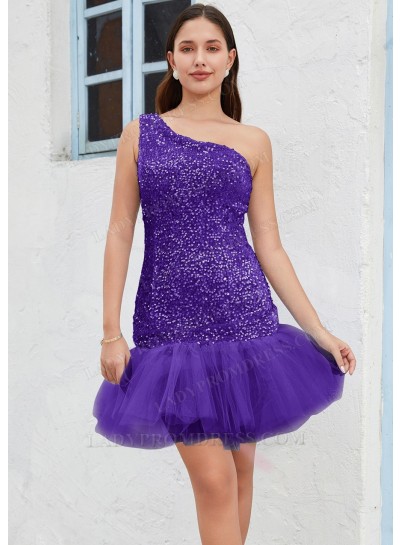 Purple One Shoulder Sequin Sheath/Column Sleeveless Short/Mini Homecoming Dresses