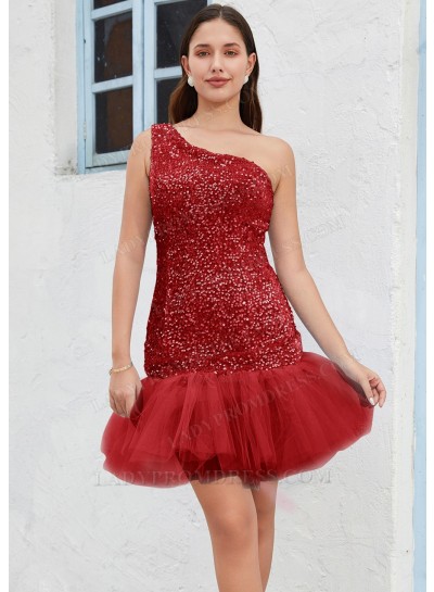 Red One Shoulder Sequin Sheath/Column Sleeveless Short/Mini Sweet 16 Gowns / Homecoming Dresses