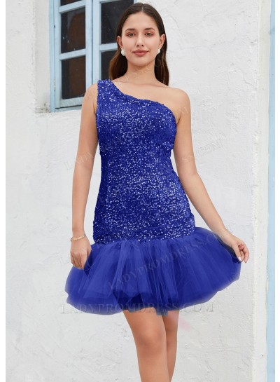 Royal Blue One Shoulder Sequin Sheath/Column Sleeveless Short/Mini Sweet 16 Gowns / Homecoming Dresses