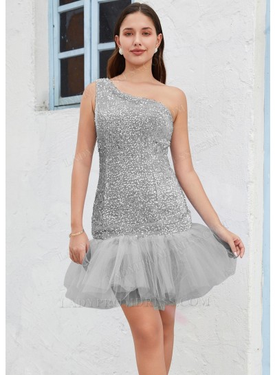 Silver One Shoulder Sequin Sheath/Column Sleeveless Short/Mini Sweet 16 Gowns / Homecoming Dresses