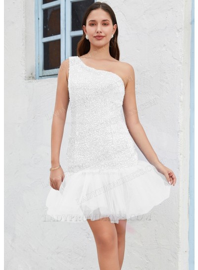 White One Shoulder Sequins Sheath/Column Sleeveless Knee Length Graduation Dresses