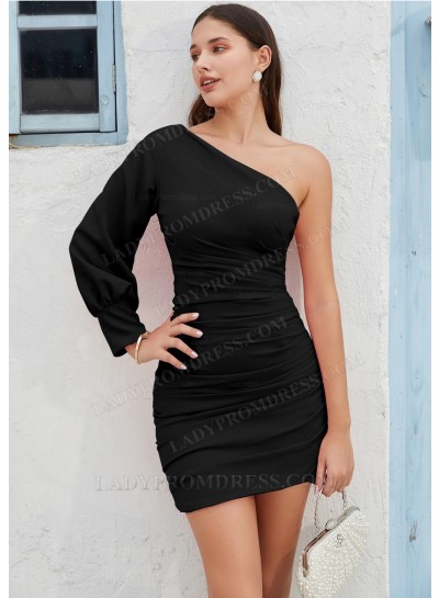 Black One Shoulder Satin Long Sleeves Zipper Short/Mini Homecoming Dresses