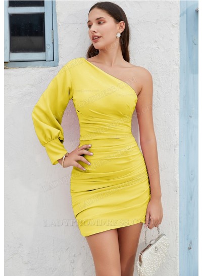 Light Yellow One Shoulder Satin Long Sleeves Zipper Short/Mini Homecoming Dresses