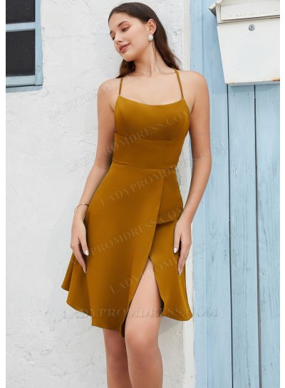 Brown A-line Spaghetti Straps Knee-Length Cocktail / Homecoming Dresses