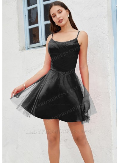 Black A-line Spaghetti Straps Satin Tulle Short/Mini Homecoming Dresses