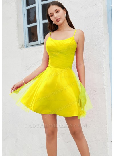 Daffodil A-line Spaghetti Straps Satin Tulle Short/Mini Sweet 16 / Homecoming Dresses