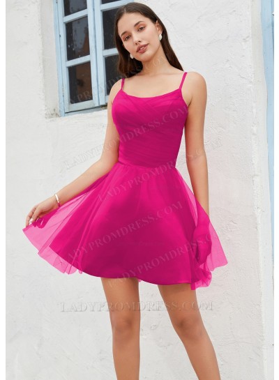 Fuchsia A-line Spaghetti Straps Satin Tulle Short/Mini Sweet 16 / Homecoming Dresses