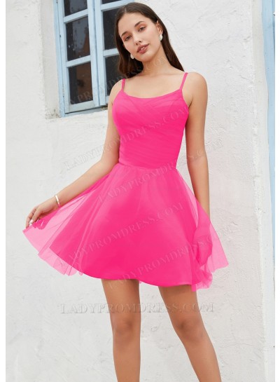 Hot Pink A-line Spaghetti Straps Satin Tulle Short/Mini Sweet 16 / Homecoming Dresses