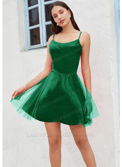 Hunter Green A-line Spaghetti Straps Satin Tulle Short/Mini Cocktail / Homecoming Dresses