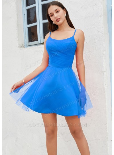 Lake Blue A-line Spaghetti Straps Satin Tulle Short/Mini Homecoming Dresses