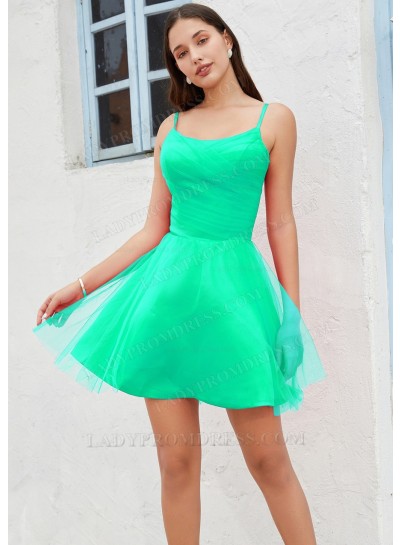 Mint Green A-line Spaghetti Straps Satin Tulle Short/Mini Sweet 16 / Homecoming Dresses