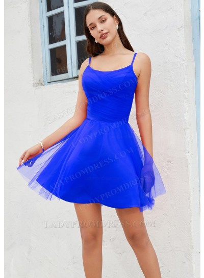 Royal Blue A-line Spaghetti Straps Satin Tulle Short/Mini Cocktail / Homecoming Dresses