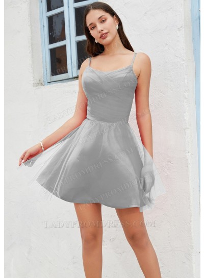 Silver A-line Spaghetti Straps Satin Tulle Short/Mini Homecoming Dresses