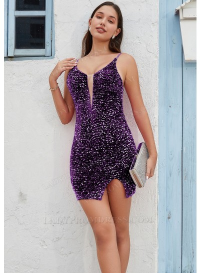 Purple Sheath/Column Sequins Spaghetti Straps Cocktail / Homecoming Dresses
