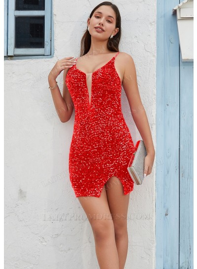 Red Sheath/Column Sequins Spaghetti Straps Sleeveless Short Mini Homecoming Dresses