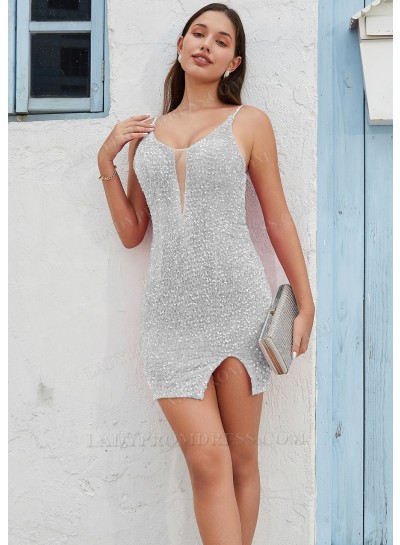 Silver Sheath/Column Sequins Spaghetti Straps Sleeveless Short Mini Homecoming Dresses