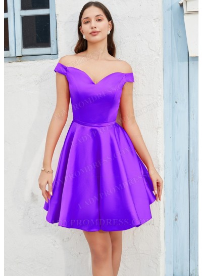 Purple A-line Off the Shoulder Silk like Satin Cocktail / Homecoming Dresses