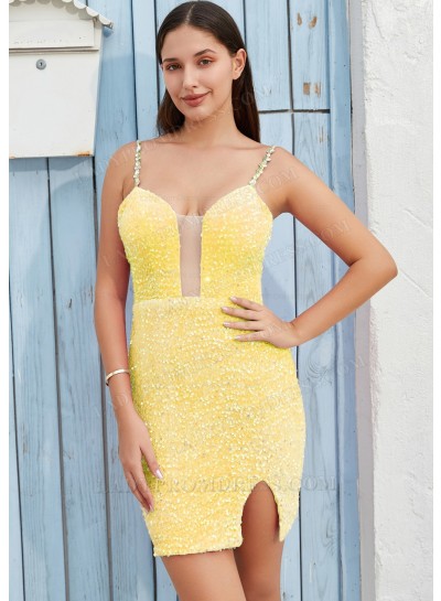 Light Yellow A-line Princess Sequins Sweetheart Sleeveless Homecoming Dresses