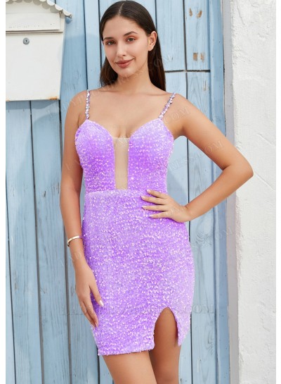 Lilac A-line Princess Sequins Sweetheart Sleeveless Cocktail / Homecoming Dresses