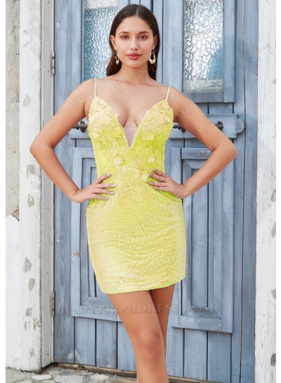 Light Yellow Sheath/Column V-Neck Appliques Sequins Sweet 16 / Homecoming Dresses