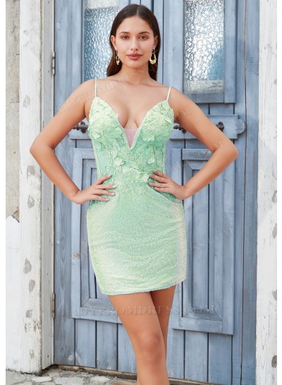 Mint Green Sheath/Column V-Neck Appliques Sequins Simple Graduation Dresses