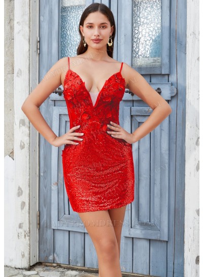 Red Sheath/Column V-Neck Appliques Sequins Sweet 16 / Homecoming Dresses