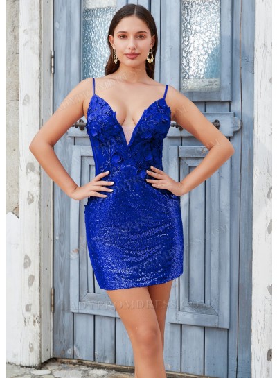 Royal Blue Sheath/Column V-Neck Appliques Sequins Sweet 16 / Homecoming Dresses