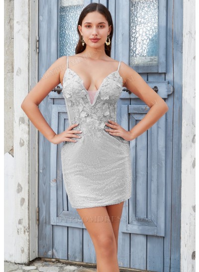 Silver Sheath/Column V-Neck Appliques Sequins Homecoming Dresses
