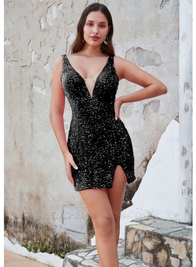 Black Sheath Sequins V-neck Sleeveless Short/Mini Homecoming Dresses