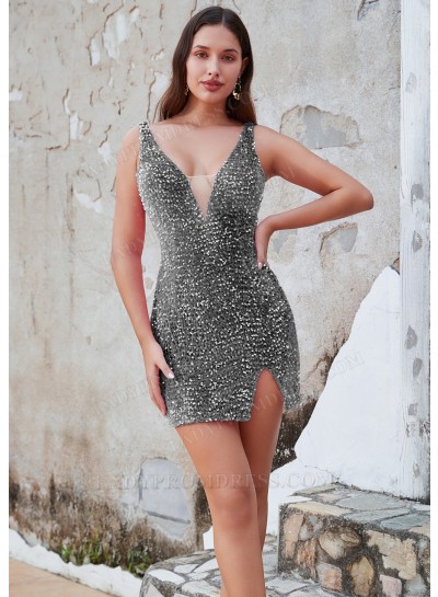 Grey Sheath Sequins V-neck Sleeveless Short/Mini Homecoming Dresses