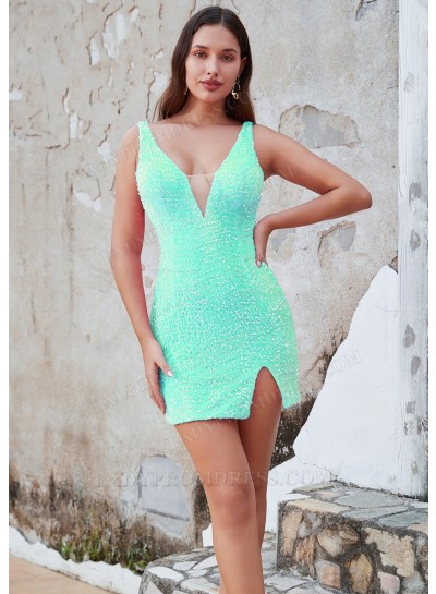 Mint Green Sheath Sequins V-neck Sleeveless Short/Mini Simple Graduation Dresses
