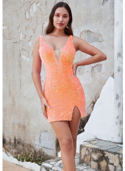 Orange Sheath Sequins V-neck Sleeveless Short/Mini Simple Graduation Dresses
