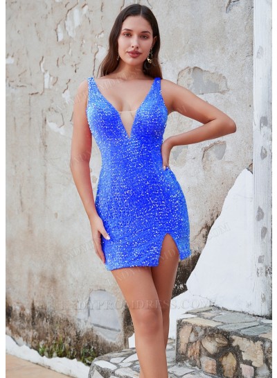 Royal Blue Sheath Sequins V-neck Sleeveless Short/Mini Cocktail / Homecoming Dresses