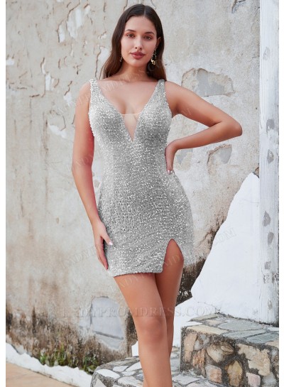Silver Sheath Sequins V-neck Sleeveless Short/Mini Cocktail / Homecoming Dresses