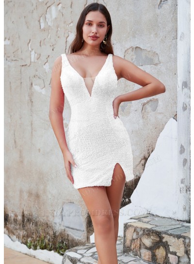 White Sheath Sequins V-neck Sleeveless Short/Mini Simple Graduation Dresses