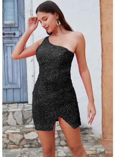 Black Sheath/Column One Shoulder Corset Short/Mini Homecoming Dresses