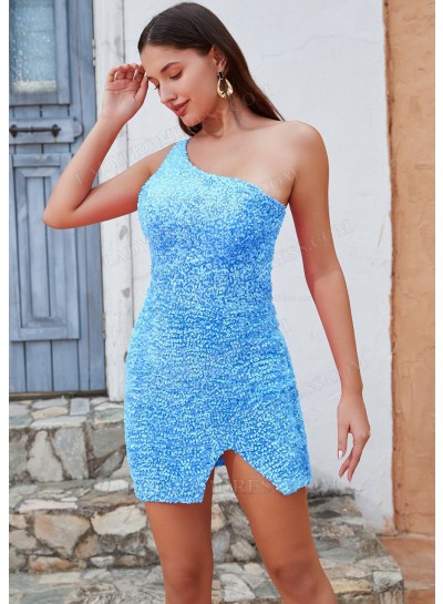 Blue Sheath/Column One Shoulder Corset Short/Mini Homecoming Dresses