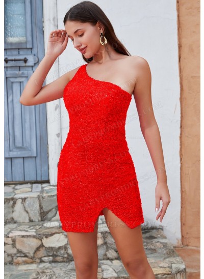 Red Sheath/Column One Shoulder Corset Short/Mini Homecoming Dresses