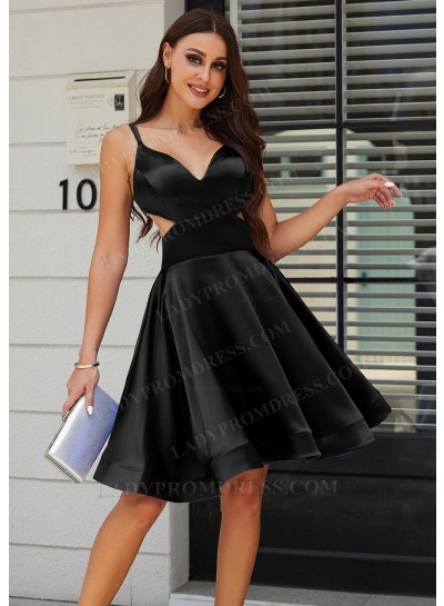 Black A-line Princess V-neck Silk like Satin Knee-Length Homecoming Dresses